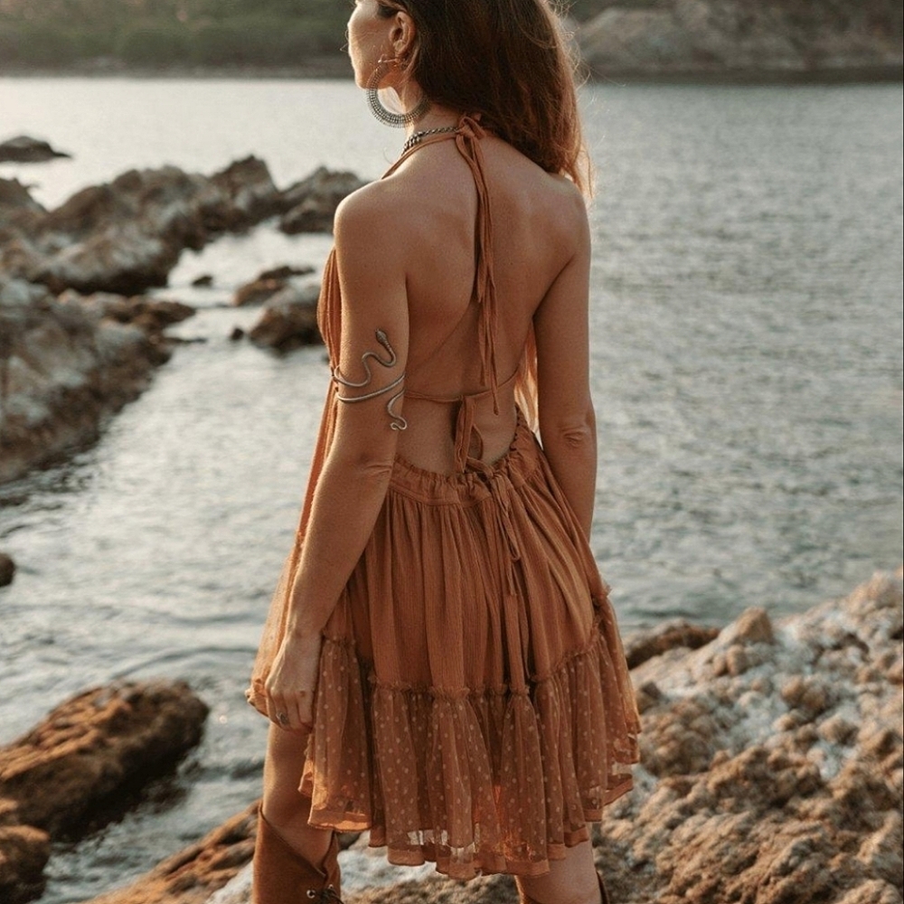 New Boho Flirty Tulle Dot Ruffle Halter Mini Dress Brown